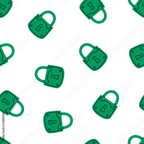 Hand drawn cute cartoon seamless pattern with closed lock. Flat vector protection tool  print in colored doodle style. Reliability and trust. Security system background, wrapping or wallpaper.
