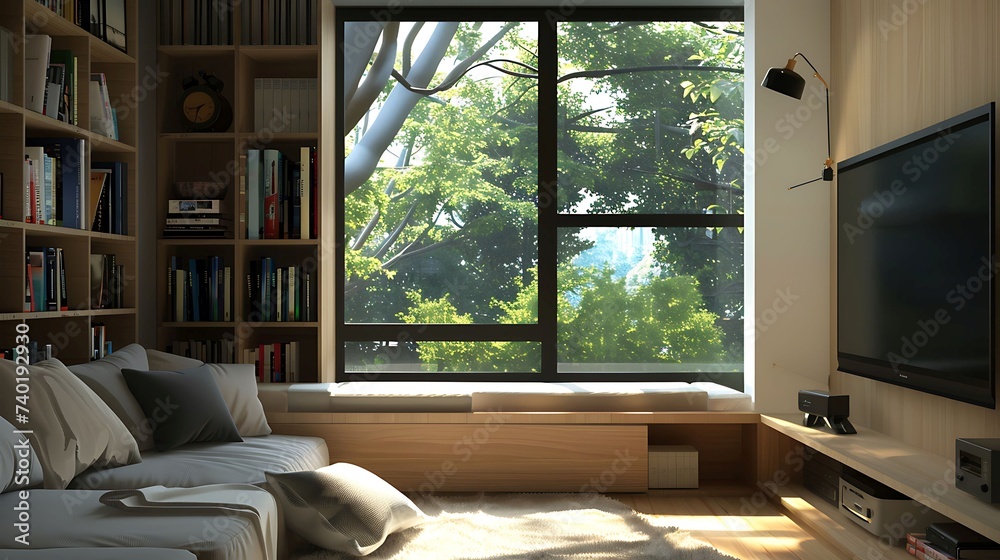 A contemporary TV lounge with a built in window seat, offering a cozy spot for reading or relaxing