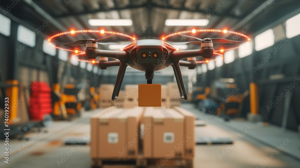 Obraz premium drone holding a package, transforming logistics through emerging technologies 