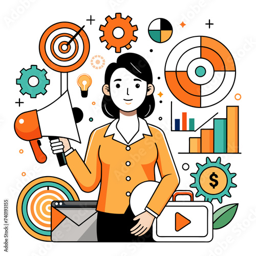 Business Marketing Illustration: Scene Depicting Men and Women Engaged in Business Activities