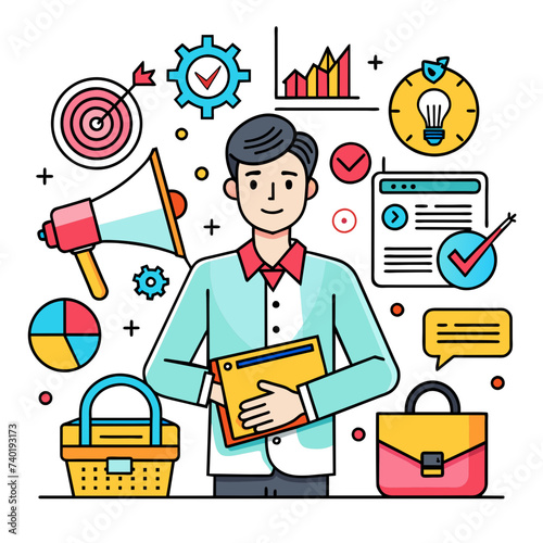 Business Marketing Illustration: Scene Depicting Men and Women Engaged in Business Activities