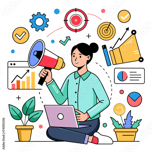Business Marketing Illustration: Scene Depicting Men and Women Engaged in Business Activities