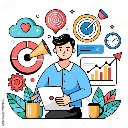 Business Marketing Illustration: Scene Depicting Men and Women Engaged in Business Activities