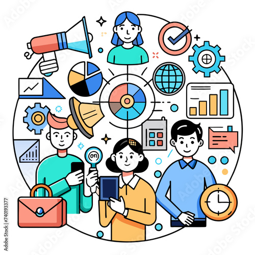 Business Marketing Illustration: Scene Depicting Men and Women Engaged in Business Activities