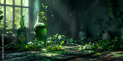 St Patrick's Day concept with green beer and bottles on a window side and through the sunlight    photo