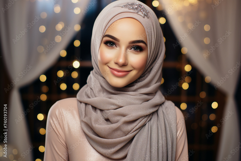 Digital generative ai collage image of charming muslim girl look on festive illuminated party Digital generative ai collage image of charming muslim girl look on festive illuminated party