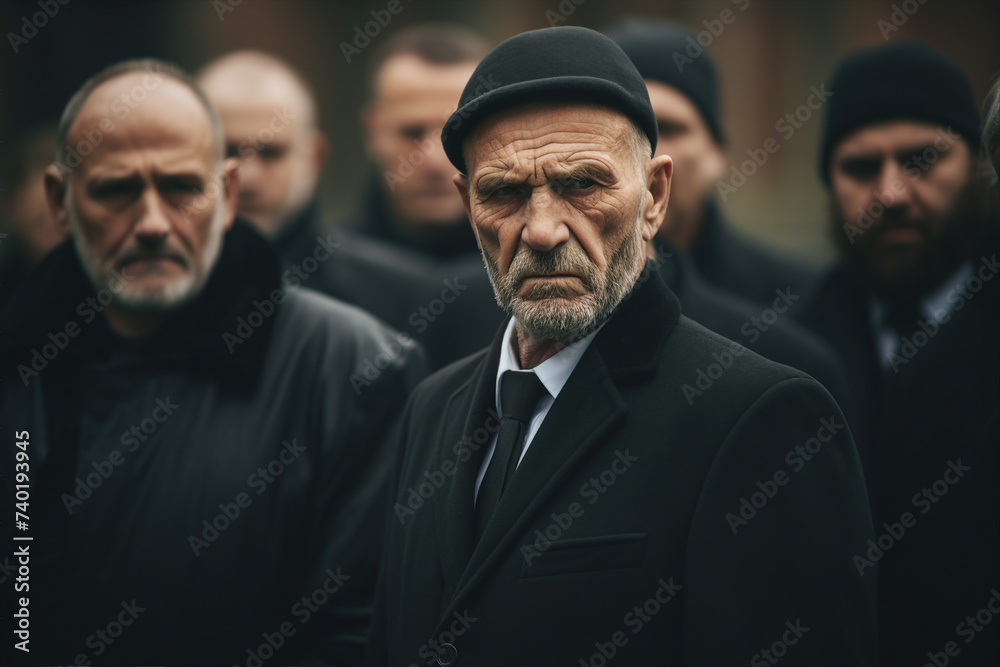Funeral scene picture of sad depressed people crying farewells at cemetery - obrazy, fototapety, plakaty 