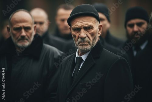 Funeral scene picture of sad depressed people crying farewells at cemetery photo