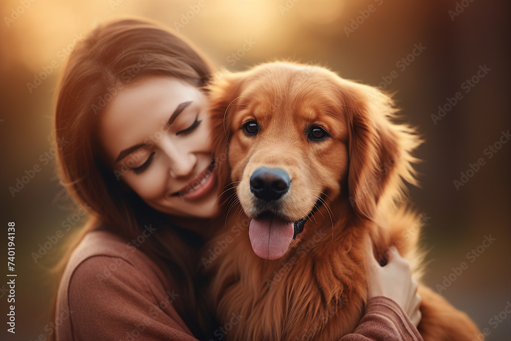 Generative AI picture of happy beautiful lovely woman hugging her lovely animal