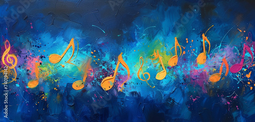 An abstract interpretation of music notes and sound waves dancing over a deep blue background, symbolizing the energy of a dancehall with each note painted in bursts of neon colors © Counter