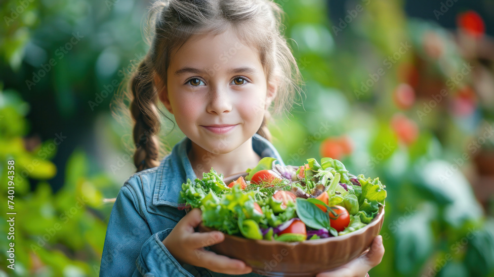 Image of a smiling girl surrounded by nature holding a basket with fresh salad ingredients: lettuce, lamb's lettuce, cherry tomato and onion. Ai generated Image of a smiling girl surrounded by nature holding a basket with fresh salad ingredients: lettuce, lamb's lettuce, cherry tomato and onion. Ai generated