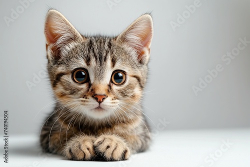 Cute cat with big eyes looks into the camera and asks holding paws together