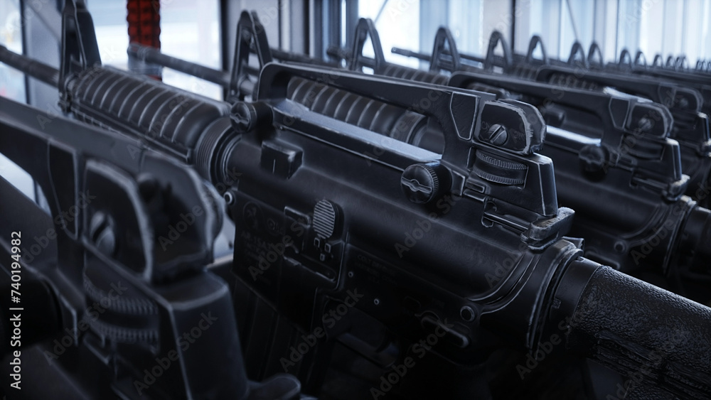 American military machine gun M 16 production line. Factory process. War concept. 3d rendering. American military machine gun M 16 production line. Factory process. War concept. 3d rendering.