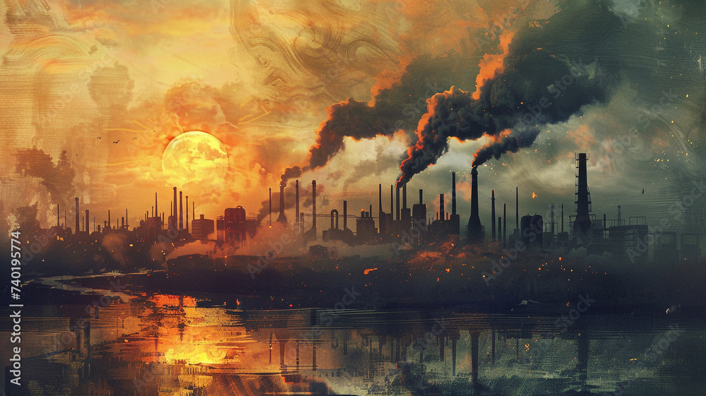 An industrial site at sunset with dirty water and smoke concept of industrial pollution