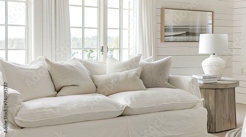 A coastal chic guest room with a slipcovered sofa in white, enhancing the light and airy atmosphere of the room