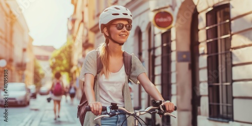 Tourist young woman cycling down the street, Active urban travel cycling concept