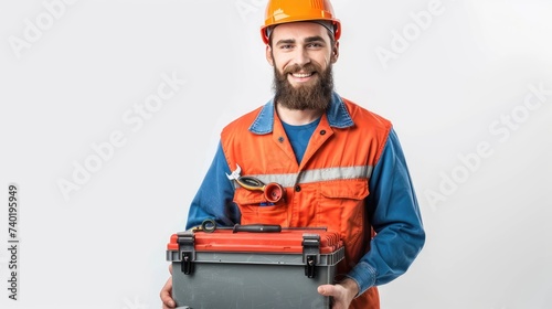 Portrait of Electrician holding tool box isolated on white background.