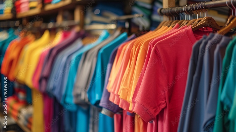 Color coordinated apparel displayed neatly in clothing store.