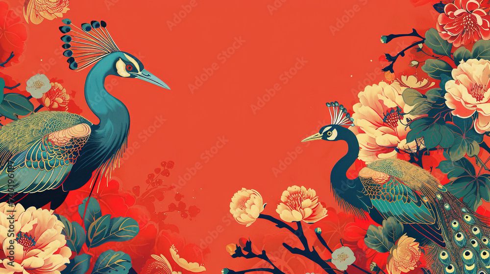 Fototapeta abstract background, chinoiserie pattern with peacock birds on red background. Vintage wallpaper ideal for interior design