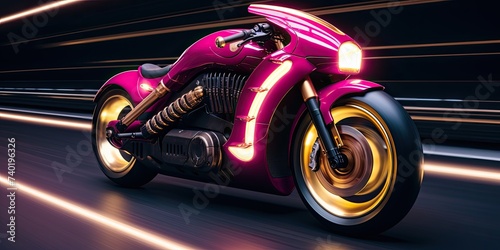 Under the neon-lit night sky, a racing motorcycle speeds through the city's speedway, creating a dynamic and electrifying scene.