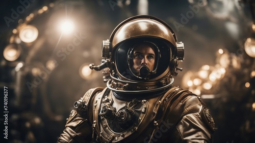 a steampunk, Astronaut in outer space ship spaceship 