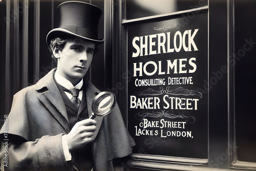 Sherlock Holmes in vintage attire with magnifying glass and pipe. Detective in Action photo