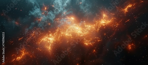 A mesmerizing display of cosmic fireworks illuminating the vast expanse of the universe, as a fiery nebula dances in the smoke-filled sky of outer space photo