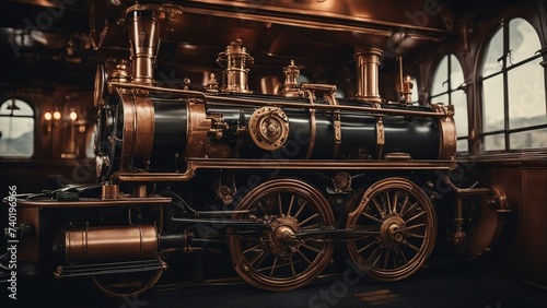 old locomotive a steampunk, A close-up view of a steampunk train, with copper wheels, brass pipes, and a glass 