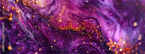 Purple liquid with tints of golden glitter, Purple background with a scattering of gold sparkles, Magic Galaxy of golden dust particles. Luxury, premium, beauty photo