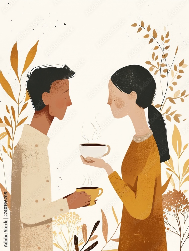 The image depicts an illustrated scene where a man and a woman with a simple yet expressive art style are facing each other, each holding a steaming cup, presumably of coffee or tea. They are surround The image depicts an illustrated scene where a man and a woman with a simple yet expressive art style are facing each other, each holding a steaming cup, presumably of coffee or tea. They are surround