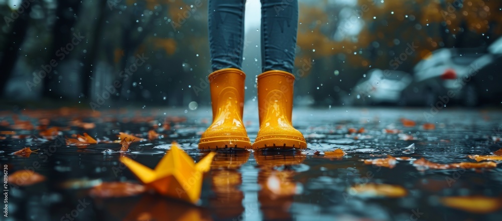 A vibrant figure braves the elements, standing tall in their bright yellow rain boots amidst a reflective street puddle, their trusty water bottle in hand A vibrant figure braves the elements, standing tall in their bright yellow rain boots amidst a reflective street puddle, their trusty water bottle in hand