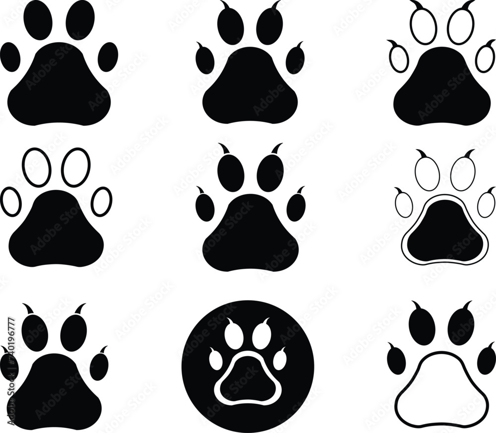 Set of animal paw print. Paw prints, icon. Vector paw. Dog, puppy, cat, bear, wolf. Legs. Foot prints. Set of animal paw print. Paw prints, icon. Vector paw. Dog, puppy, cat, bear, wolf. Legs. Foot prints.