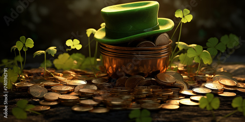 Saint Patrick day leprechaun hat on pot of gold in clover field