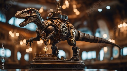 _a steampunk, A colorful scene of a steampunk dragon dinosaur, with jewels, crystals, and lights, 