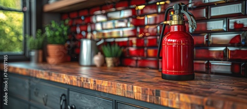 A vibrant red fire extinguisher sits on an indoor shelf, ready to combat any potential flames with its trusty bottle-shaped body photo