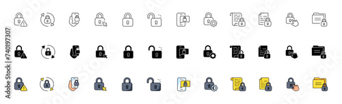 Lock icon set. Protection design. Linear, silhouette and flat style. Vector icons
