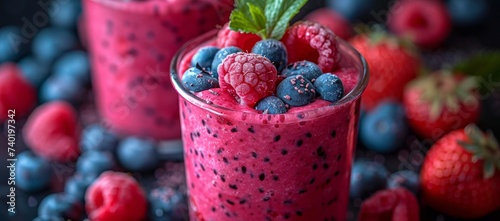 A refreshing blend of superfruits, including alpine strawberries, raspberries, and blueberries, creates a naturally sweet and vibrant pink smoothie, perfect for any health-conscious individual seekin photo