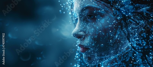 A mesmerizing woman adorned with shimmering dots, as if she emerged from the depths of a mystical water bubble