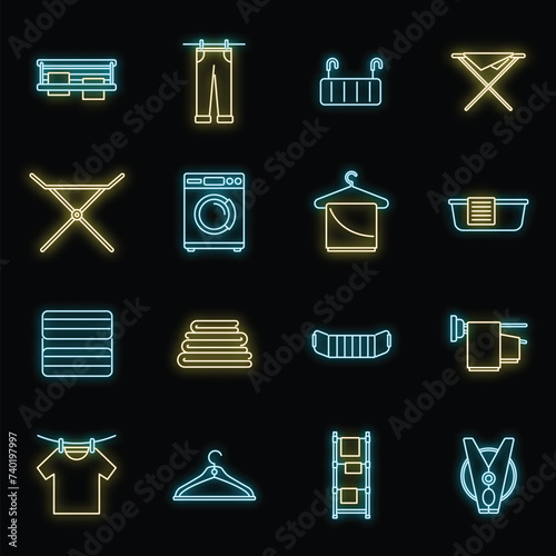 Tumble dryer machine icons set. Outline set of tumble dryer machine vector icons neon color on black