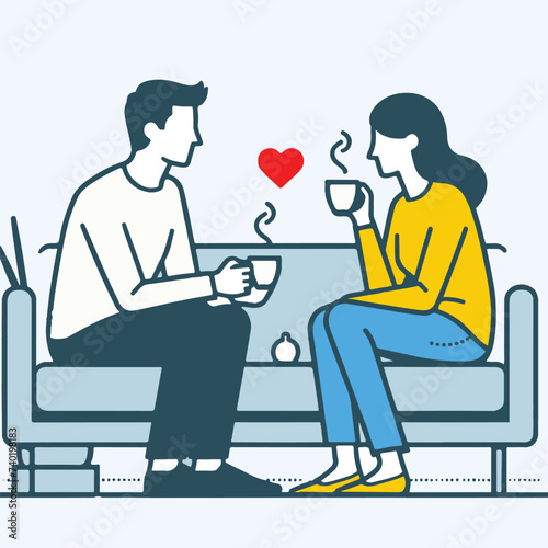 A flat vector illustration design with husband and wife sitting on the sofa having tea and talking. © Renuara