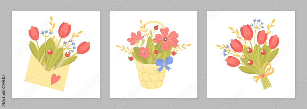 custom made wallpaper toronto digitalSet of cute card with hand drawn bouquets with blooming flowers. Florist composition for holiday celebration. Flat vector illustration for greeting card, invitation, stickers, postcard, poster, print