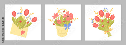 Set of cute card with hand drawn bouquets with blooming flowers. Florist composition for holiday celebration. Flat vector illustration for greeting card, invitation, stickers, postcard, poster, print
