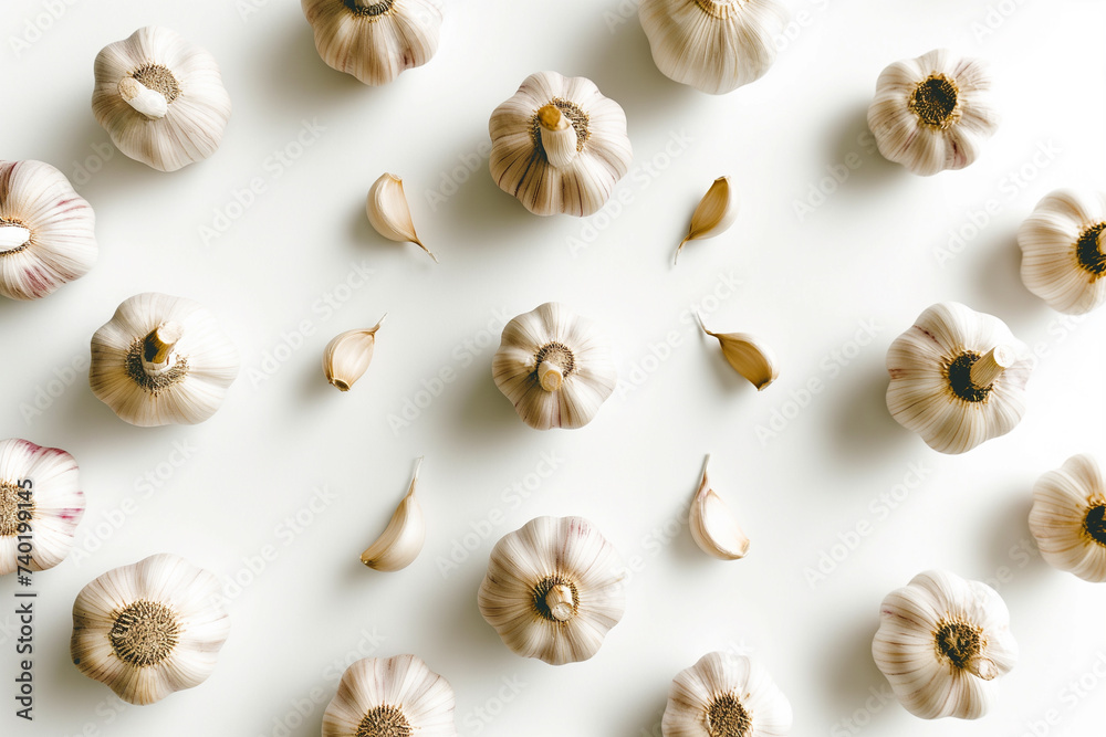 Orchestrated Garlic Symphony: Bulbs and Chives on White Harmony Orchestrated Garlic Symphony: Bulbs and Chives on White Harmony