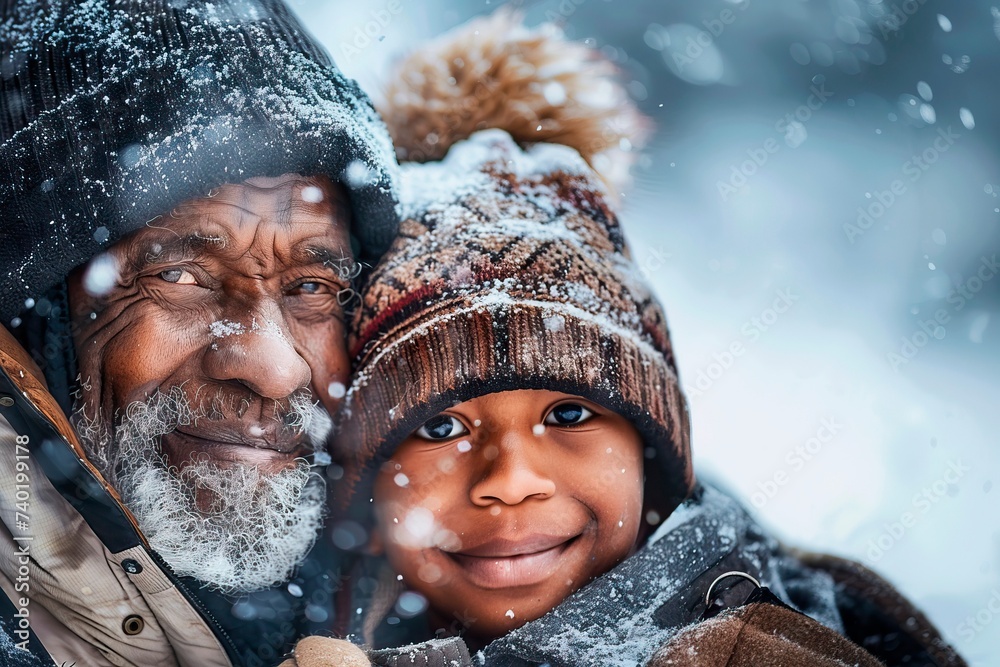 The image captures a poignant moment between an elderly man and a young child amidst a winter scene. Snowflakes gently fall, accumulating on their winter hats and coats. The man's face carries the wis - obrazy, fototapety, plakaty 