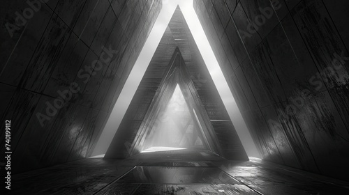 Dark gray background fog and light on floor. Mystical mist. dark room. The hypnotic geometric portal, combining straight and crooked lines, creates a feeling of incredible, game