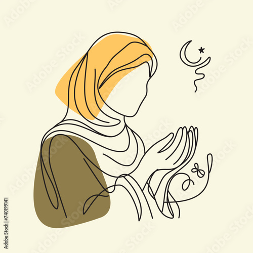 hand drawn sketch outlines style vector illustration, a woman wearing a hijab is praying during the month of Ramadan, Ed mubarak