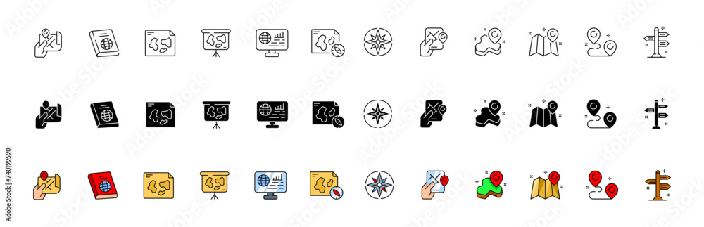 Route icon collection. Navigation icon set. Linear, silhouette and flat style. Vector icons Route icon collection. Navigation icon set. Linear, silhouette and flat style. Vector icons