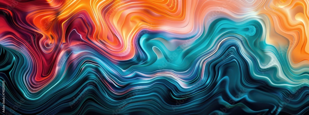Fototapeta premium background wave flow cover party poster design modern colors. vibrant rainbow orange blue teal white grainy gradient color flow wave on black 