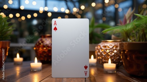 The image features a close-up of a large, upright Ace of Hearts playing card in focus, with a soft, warmly lit backdrop of glowing candles and string lights that create a cozy and intimate ambiance. T