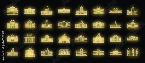 Parliament building icons set. Outline set of parliament building vector icons neon color on black photo